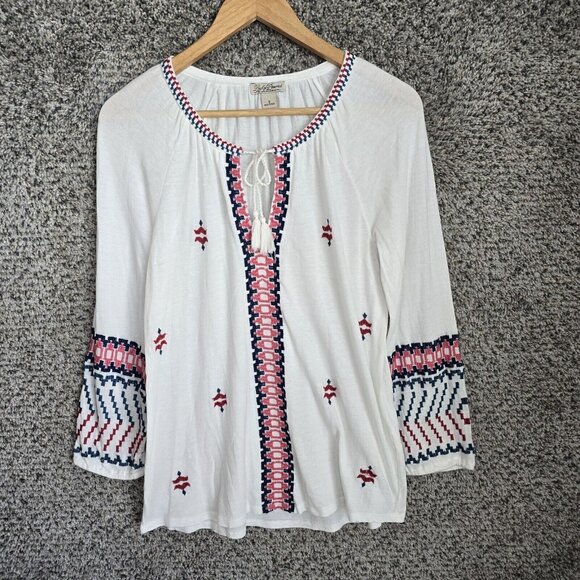 Lucky Brand Top Womens Small White Embroidered Boho Neck Tie Tee Casual Ladies - Picture 1 of 8